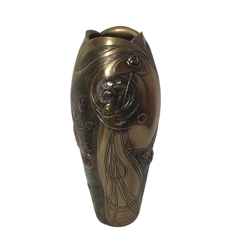 Veronese Design Art Nouveau Vase Vintage Bronze Finish Woman Rose Relief 13.5in
